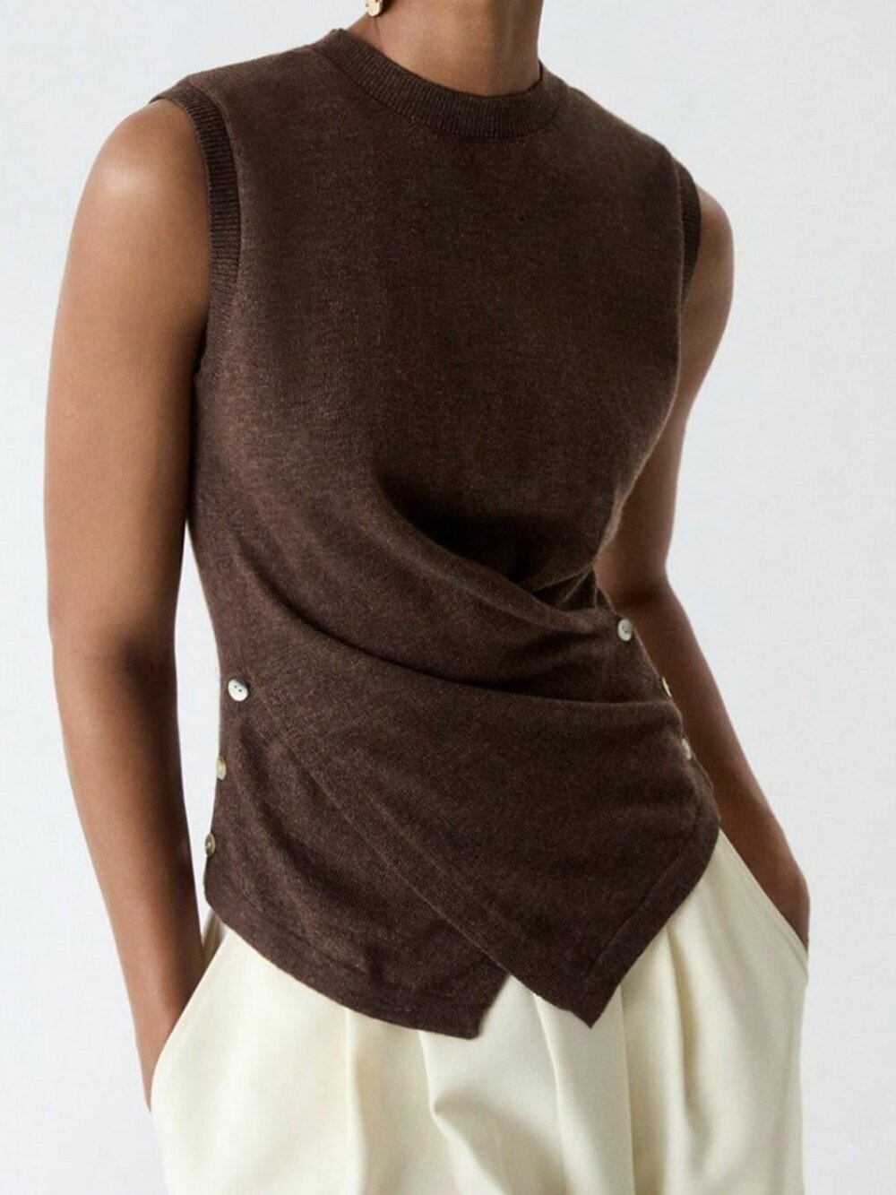 Coffee Brown Casual Women's Elegant Soft Pullover Side Button Knit Top